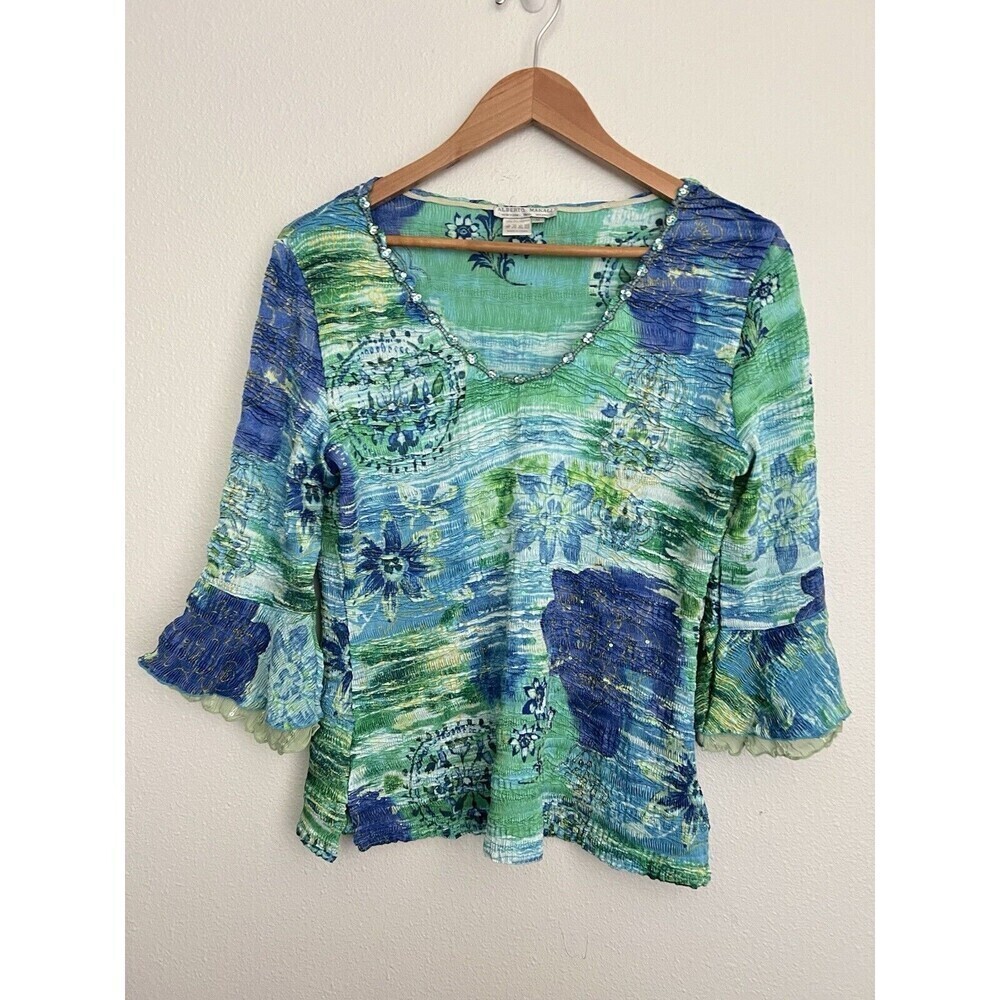 VTG Blue Green Floral Bell Sleeve Blouse Beaded Fairy Whimsical Earthy Moss Art